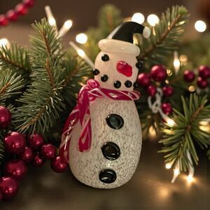 Art Glass Snowman Vintage Blown Glass With Applied Glass 6” Sculpture